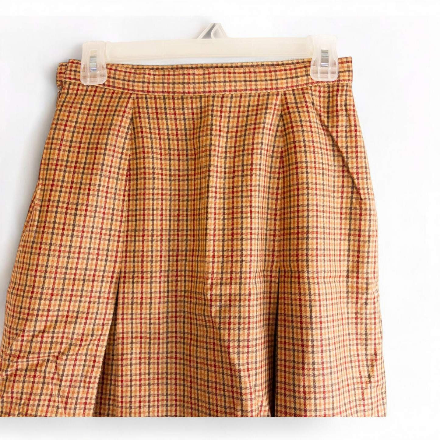 Laura Ashley orange red plaid pleated skirt with side zipper and subtle pockets, front and back views. image 2