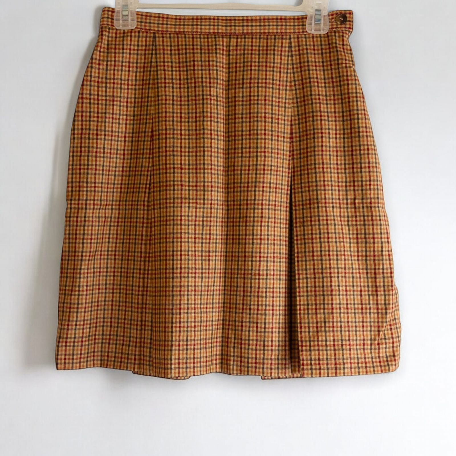 Laura Ashley orange red plaid pleated skirt with side zipper and subtle pockets, front and back views. image 4