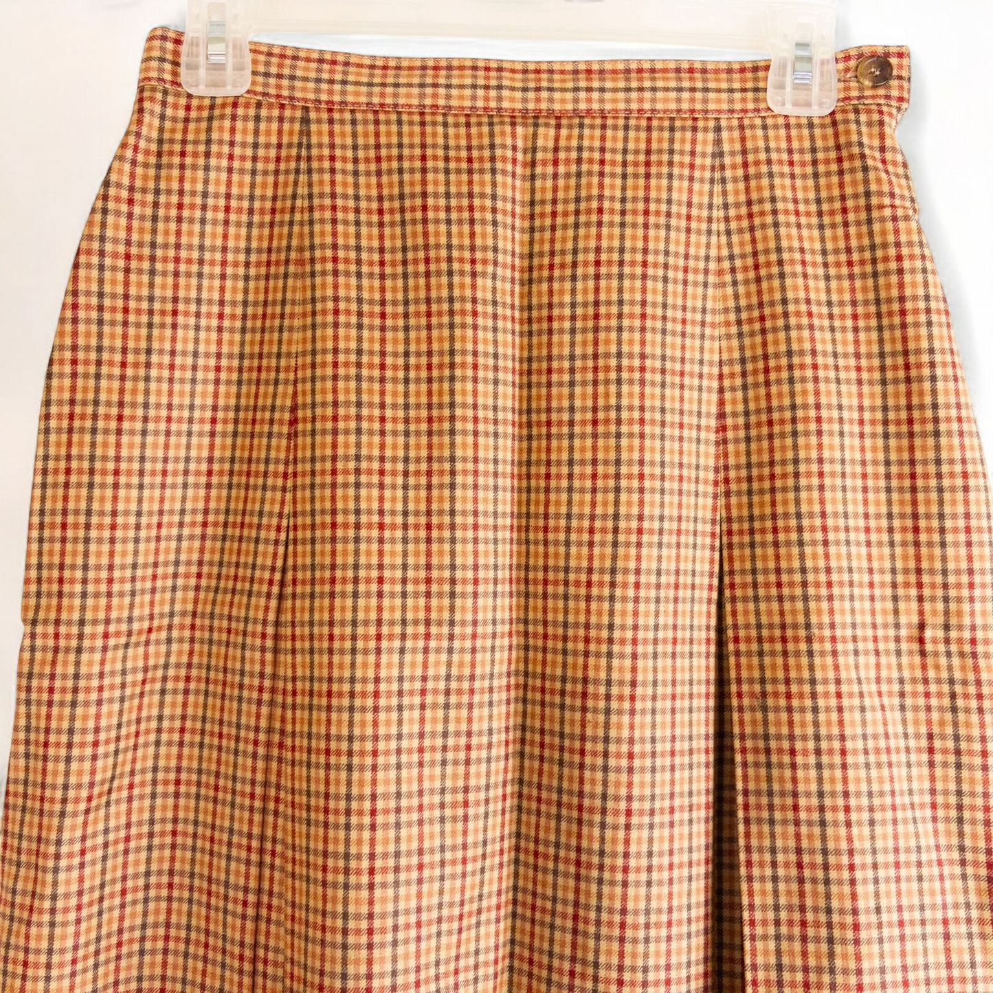Laura Ashley orange red plaid pleated skirt with side zipper and subtle pockets, front and back views. image 5