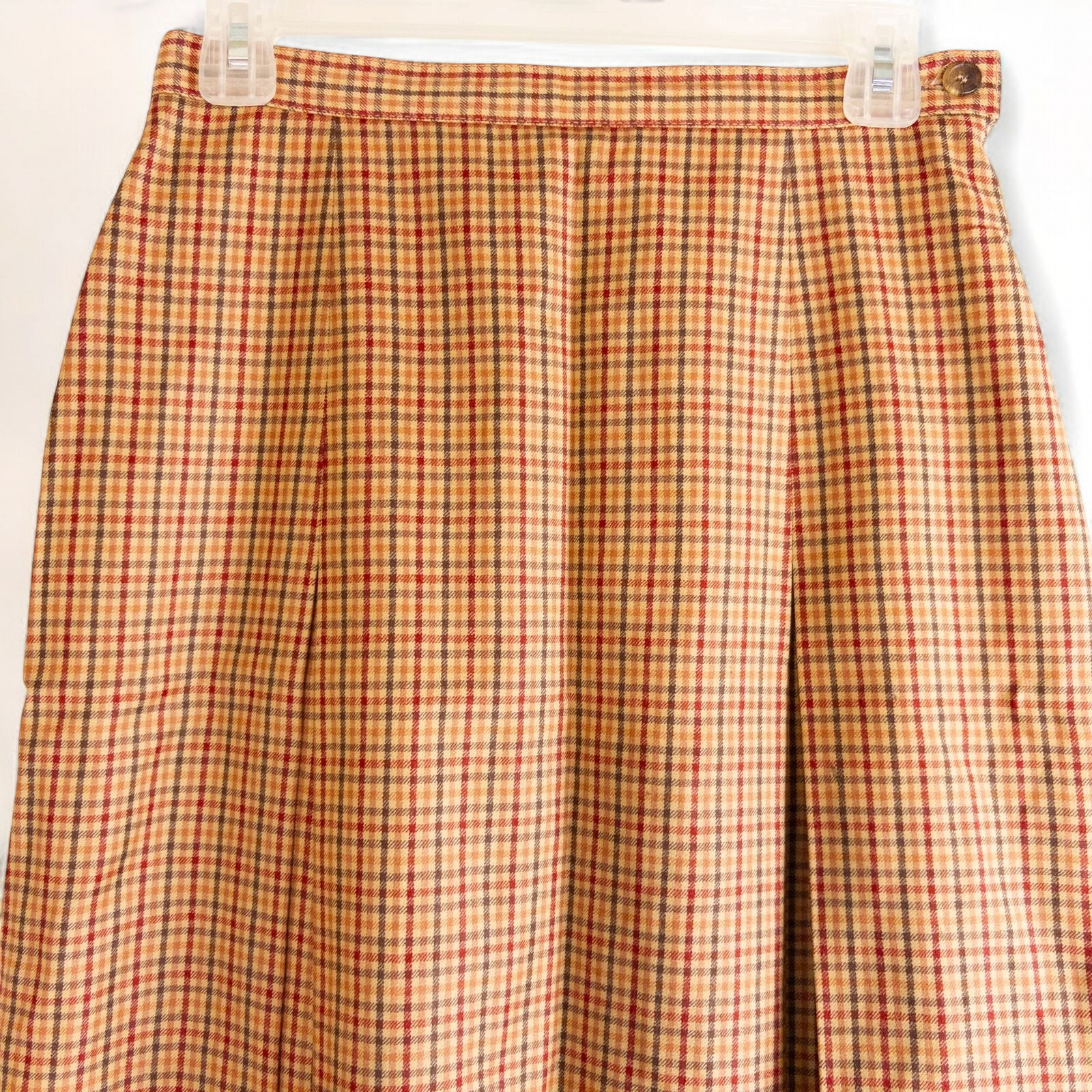 Laura Ashley orange red plaid pleated skirt with side zipper and subtle pockets, front and back views. image 5