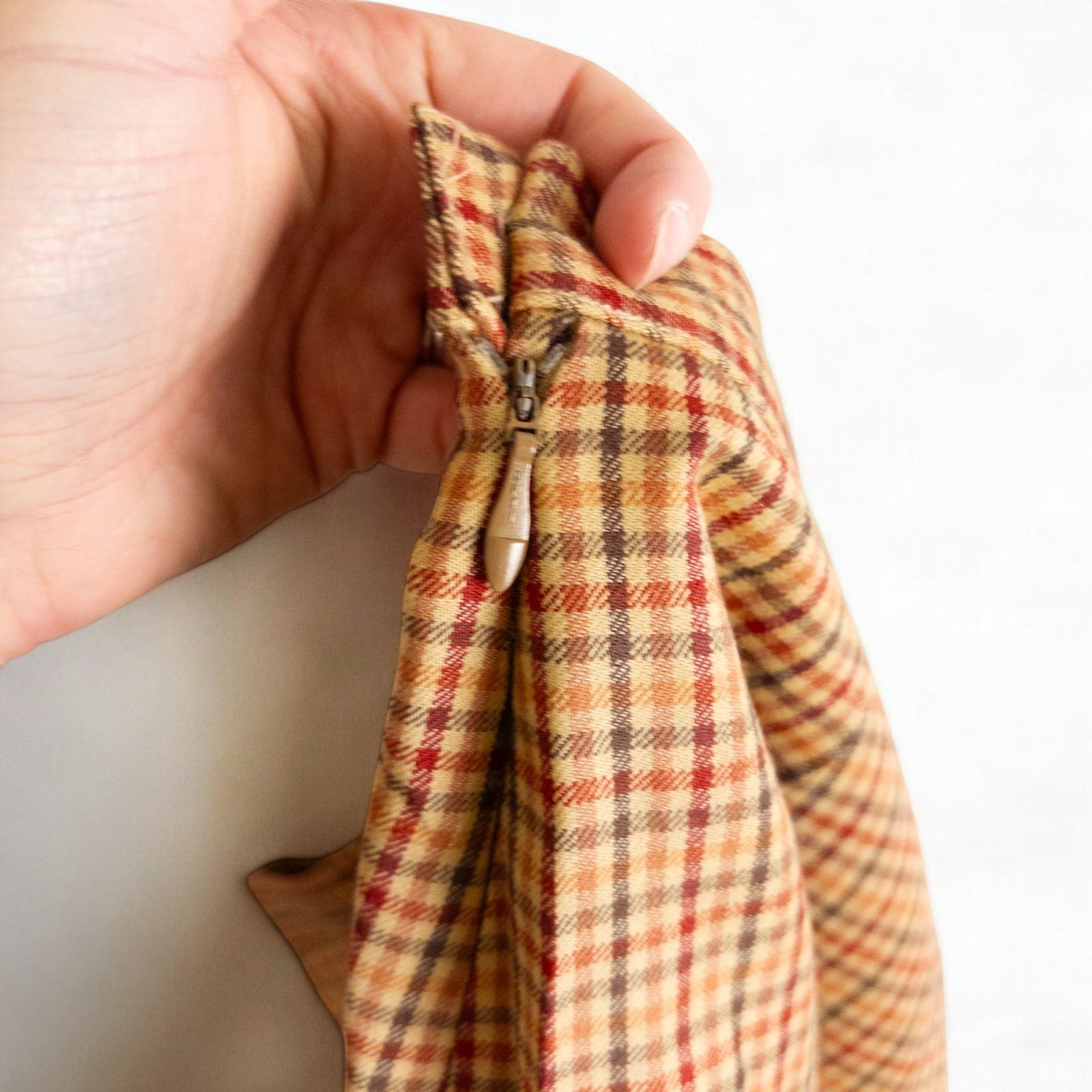 Laura Ashley orange red plaid pleated skirt with side zipper and subtle pockets, front and back views. image 6