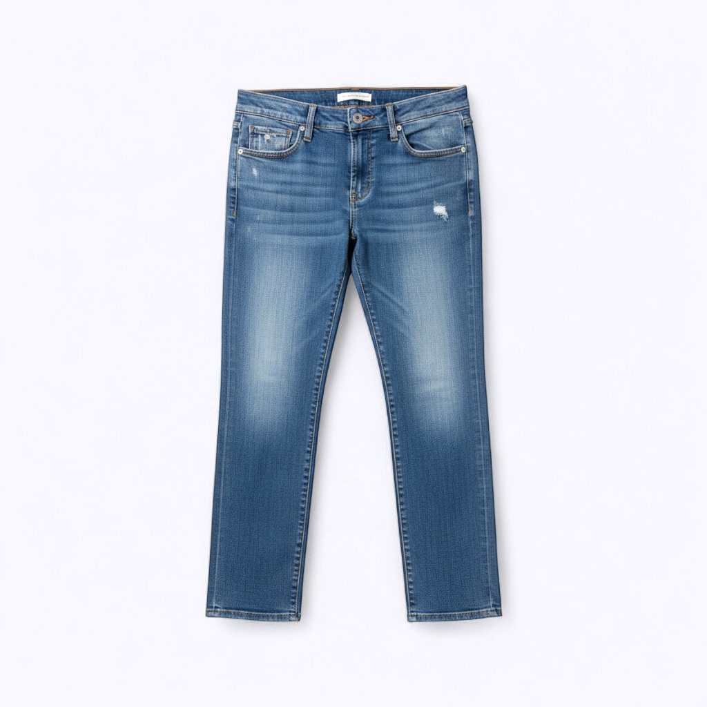 Pilcro and the Letterpress Hyphen women's blue distressed denim jeans size 30 laid flat showing front, pockets, distressing and back views front on white muslin photography backdrop