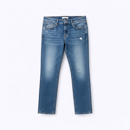 Pilcro and the Letterpress Hyphen women's blue distressed denim jeans size 30 laid flat showing front, pockets, distressing and back views front on white muslin photography backdrop