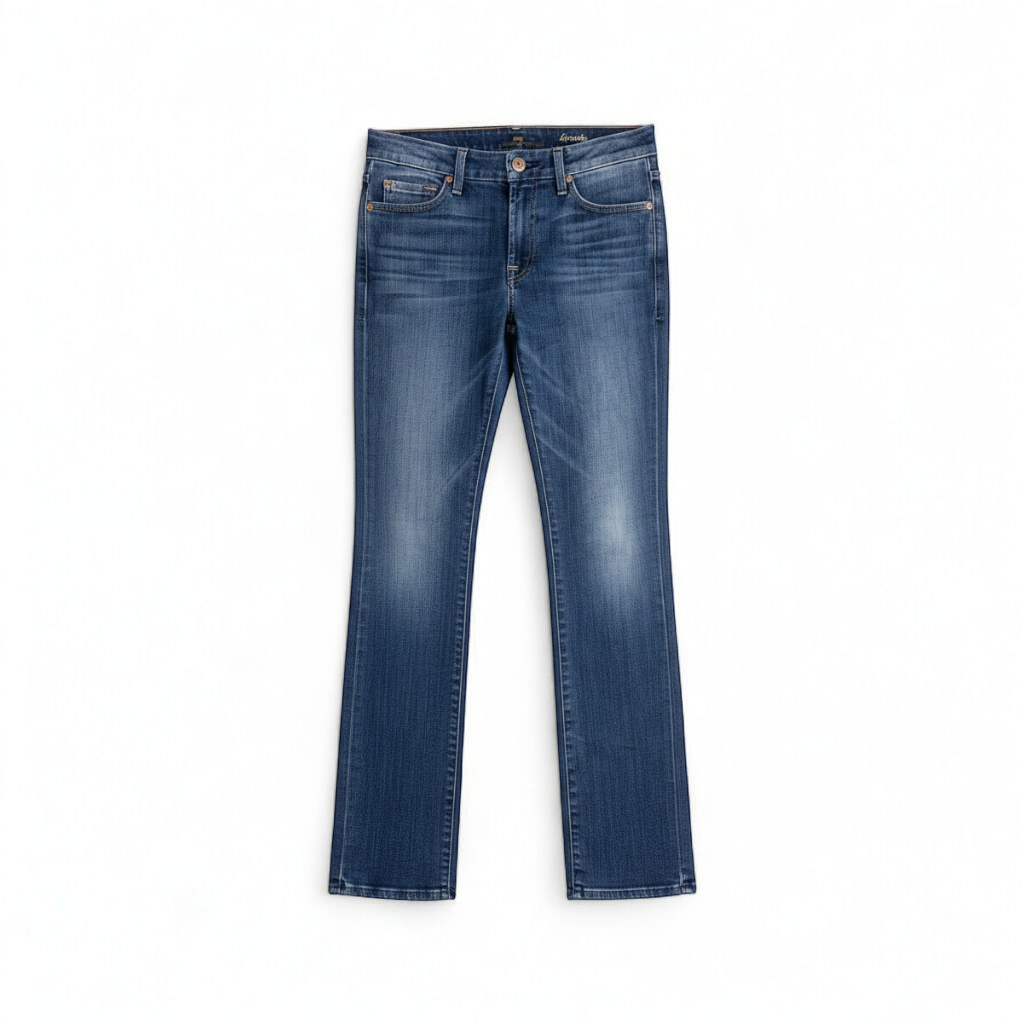 7 for all Mankind Kimmie straight leg blue jeans womens size 27 laid flat front and back views showing faded denim and button closure front on white muslin photography backdrop