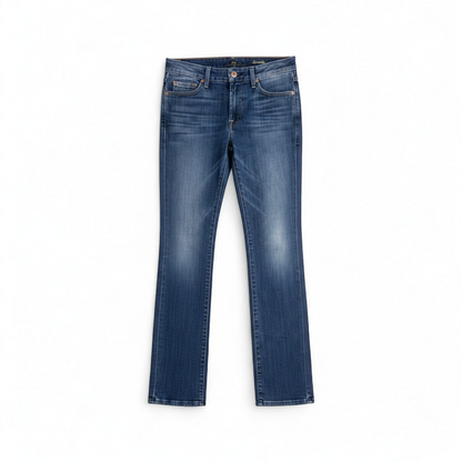 7 for all Mankind Kimmie straight leg blue jeans womens size 27 laid flat front and back views showing faded denim and button closure front on white muslin photography backdrop