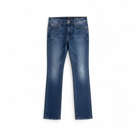 7 for all Mankind Kimmie straight leg blue jeans womens size 27 laid flat front and back views showing faded denim and button closure front on white muslin photography backdrop