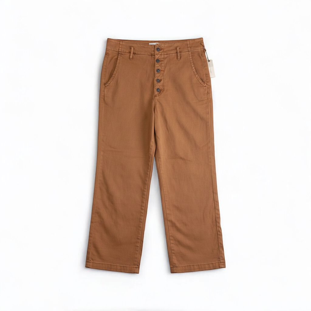 Anthropologie Pilcro pink brown terra cotta pants with button fly and side pockets front on white muslin photography backdrop
