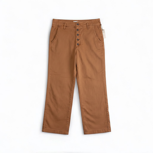 Anthropologie Pilcro pink brown terra cotta pants with button fly and side pockets front on white muslin photography backdrop