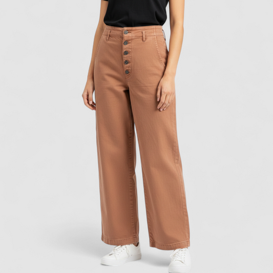 Anthropologie Pilcro pink brown terra cotta pants with button fly and side pockets on model