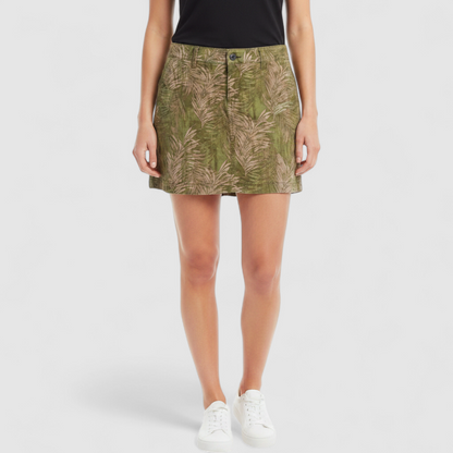 Sonoma Life and Style Womens green fronds patterned skort size 2 small front and back views with button closure and palm leaf print on model