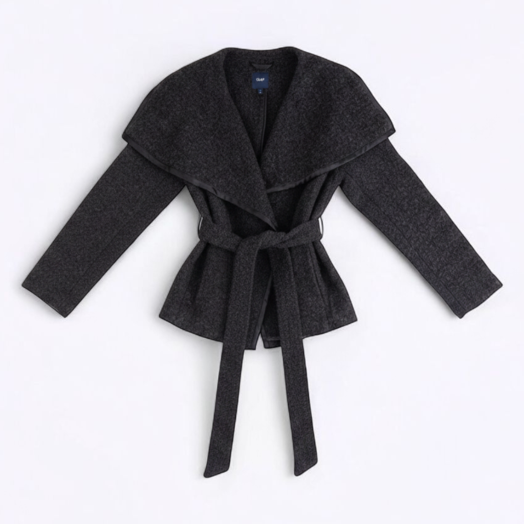Gray Gap wool textured jacket with shawl collar and belt hung on white background front on white muslin photography backdrop
