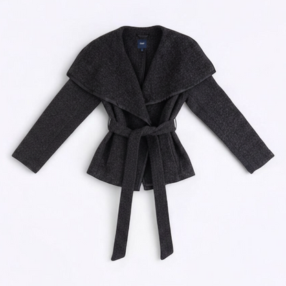 Gray Gap wool textured jacket with shawl collar and belt hung on white background front on white muslin photography backdrop