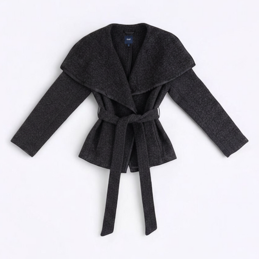 Gray Gap wool textured jacket with shawl collar and belt hung on white background front on white muslin photography backdrop
