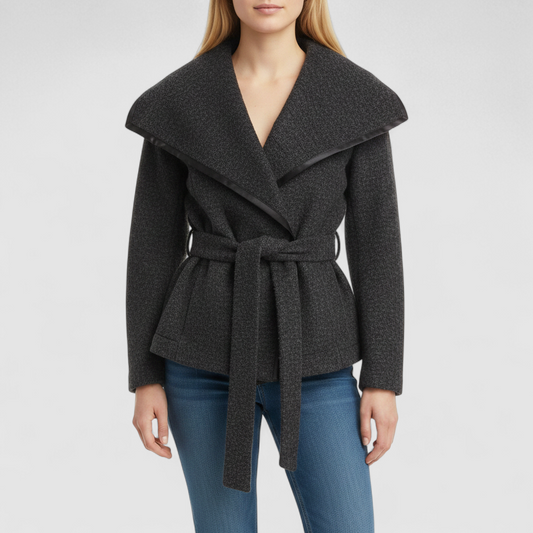 Gray Gap wool textured jacket with shawl collar and belt hung on white background on model