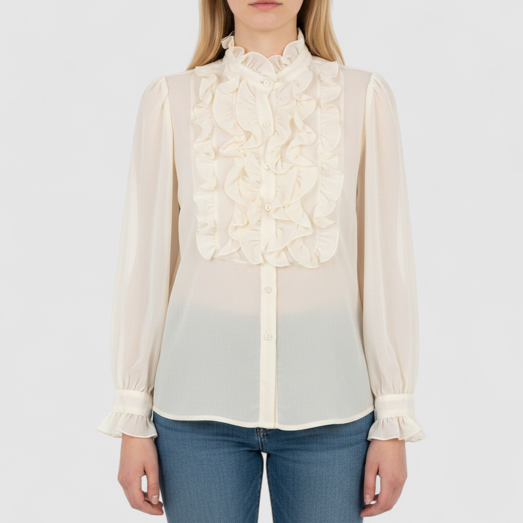 Vintage ivory ruffle blouse with long sleeves and button front on model