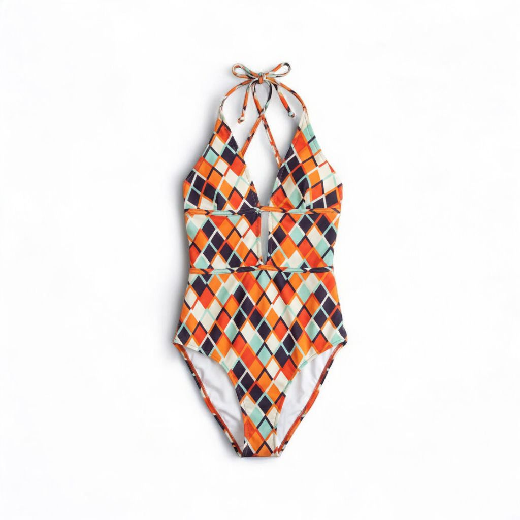 Orange teal geometric diamond pattern Cupshe one-piece swimsuit with halter neck and cutout detail shown hanging on white hanger front on white muslin photography backdrop