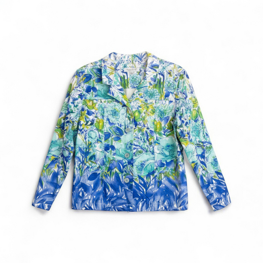 Coldwater Creek blue water lily floral print jacket women's large petite with button closure and front pockets front on white muslin photography backdrop