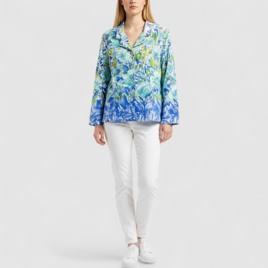 Coldwater Creek blue water lily floral print jacket women's large petite with button closure and front pockets on model