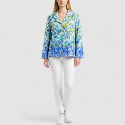 Coldwater Creek blue water lily floral print jacket women's large petite with button closure and front pockets on model
