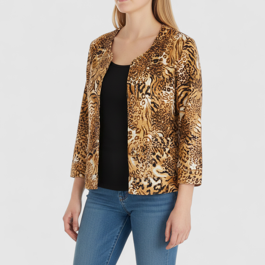 Ruby Rd brown cheetah print sequin button front jacket with four front pockets on clear hanger on model