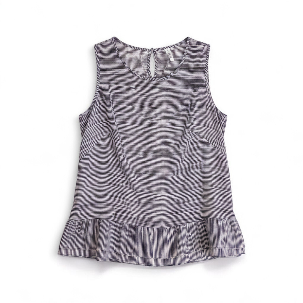 Elle black and white striped sleeveless tank top with peplum hem on clear hanger front on white muslin photography backdrop