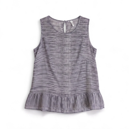 Elle black and white striped sleeveless tank top with peplum hem on clear hanger front on white muslin photography backdrop