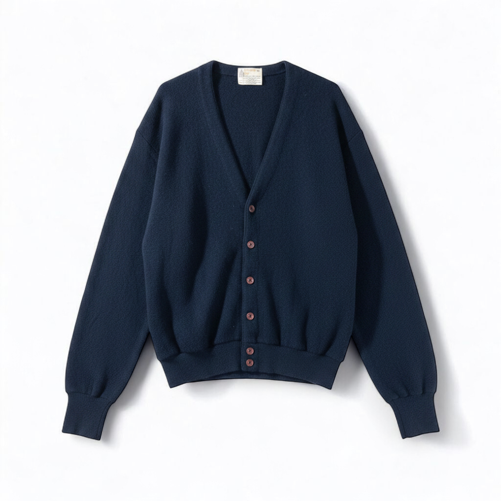 Vintage 1990s London Fog navy blue grandpa cardigan sweater with button front closure and ribbed cuffs on hanger front on white muslin photography backdrop