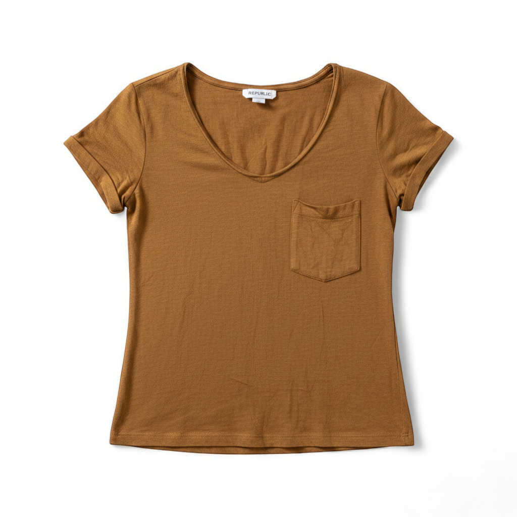 Republic brown scoop neck t-shirt with chest pocket hanging on a white hanger front on white muslin photography backdrop