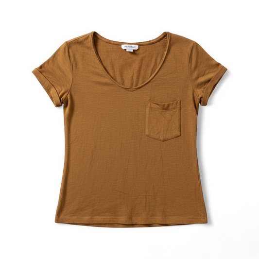 Republic brown scoop neck t-shirt with chest pocket hanging on a white hanger front on white muslin photography backdrop