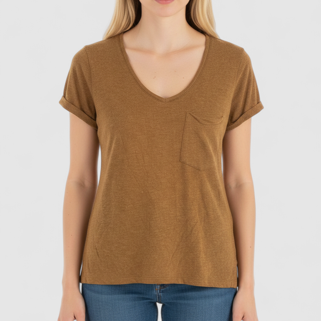 Republic brown scoop neck t-shirt with chest pocket hanging on a white hanger on model