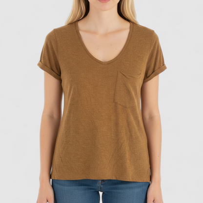 Republic brown scoop neck t-shirt with chest pocket hanging on a white hanger on model