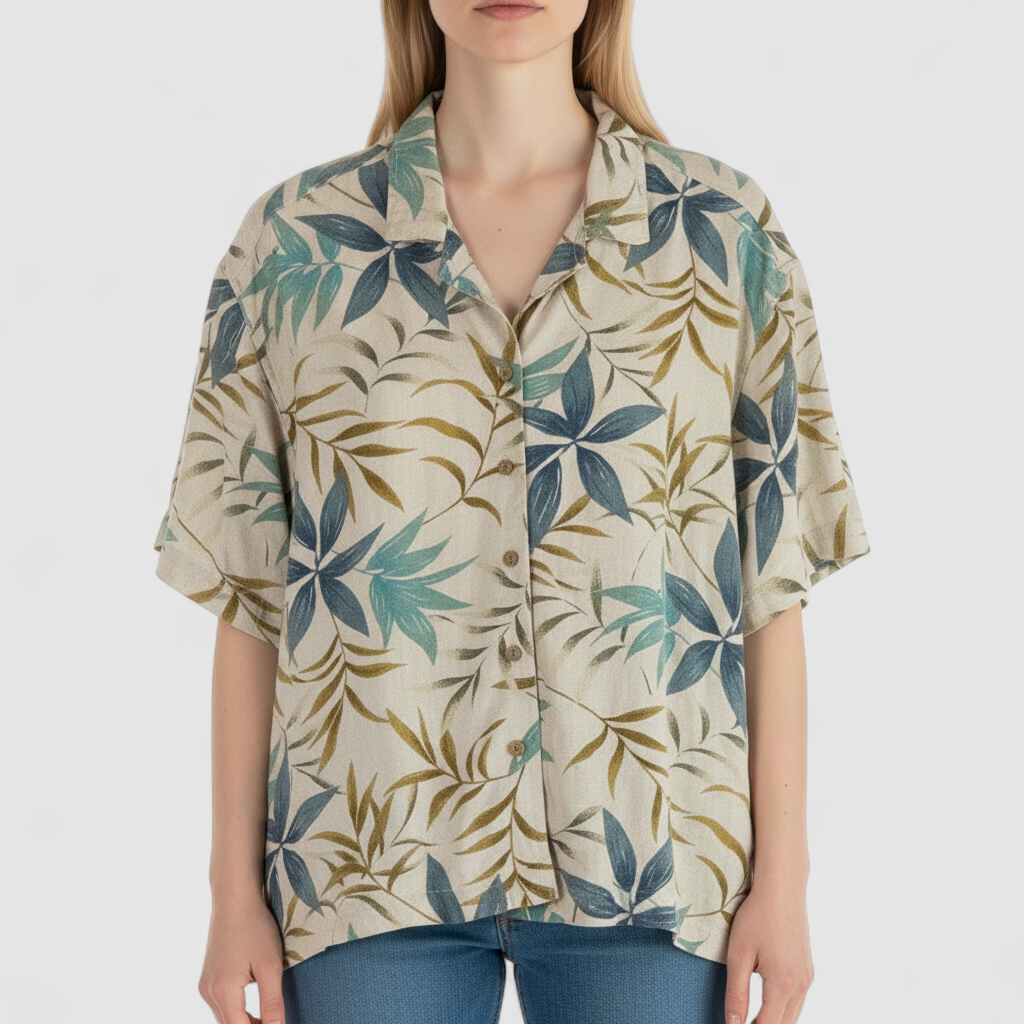 Erika vintage unisex Hawaiian shirt in cream with brown and blue leaf pattern, short sleeves and button front on model