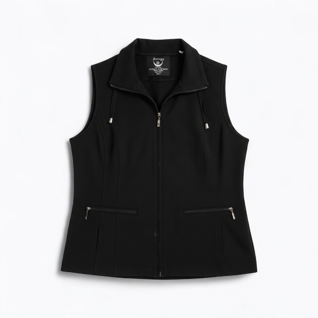 Chicos Zenergy black utility vest womens size 2 displayed on hanger showing front, back, collar, and smudge detail front on white muslin photography backdrop