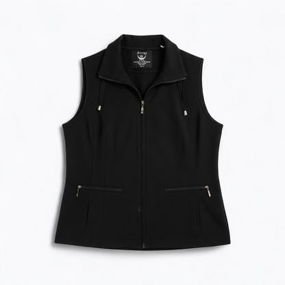 Chicos Zenergy black utility vest womens size 2 displayed on hanger showing front, back, collar, and smudge detail front on white muslin photography backdrop