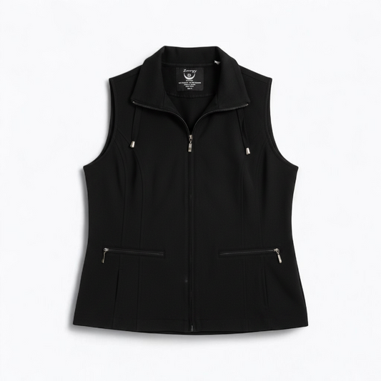 Chicos Zenergy black utility vest womens size 2 displayed on hanger showing front, back, collar, and smudge detail front on white muslin photography backdrop