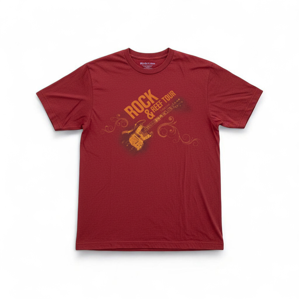 Red Anvil Rock & Reef Christian Rock Concert Tour graphic t-shirt with guitar print, medium size tag visible. front on white muslin photography backdrop