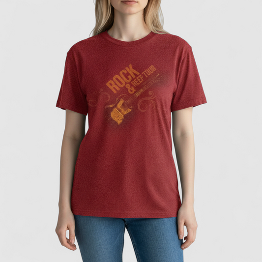 Red Anvil Rock & Reef Christian Rock Concert Tour graphic t-shirt with guitar print, medium size tag visible. on model