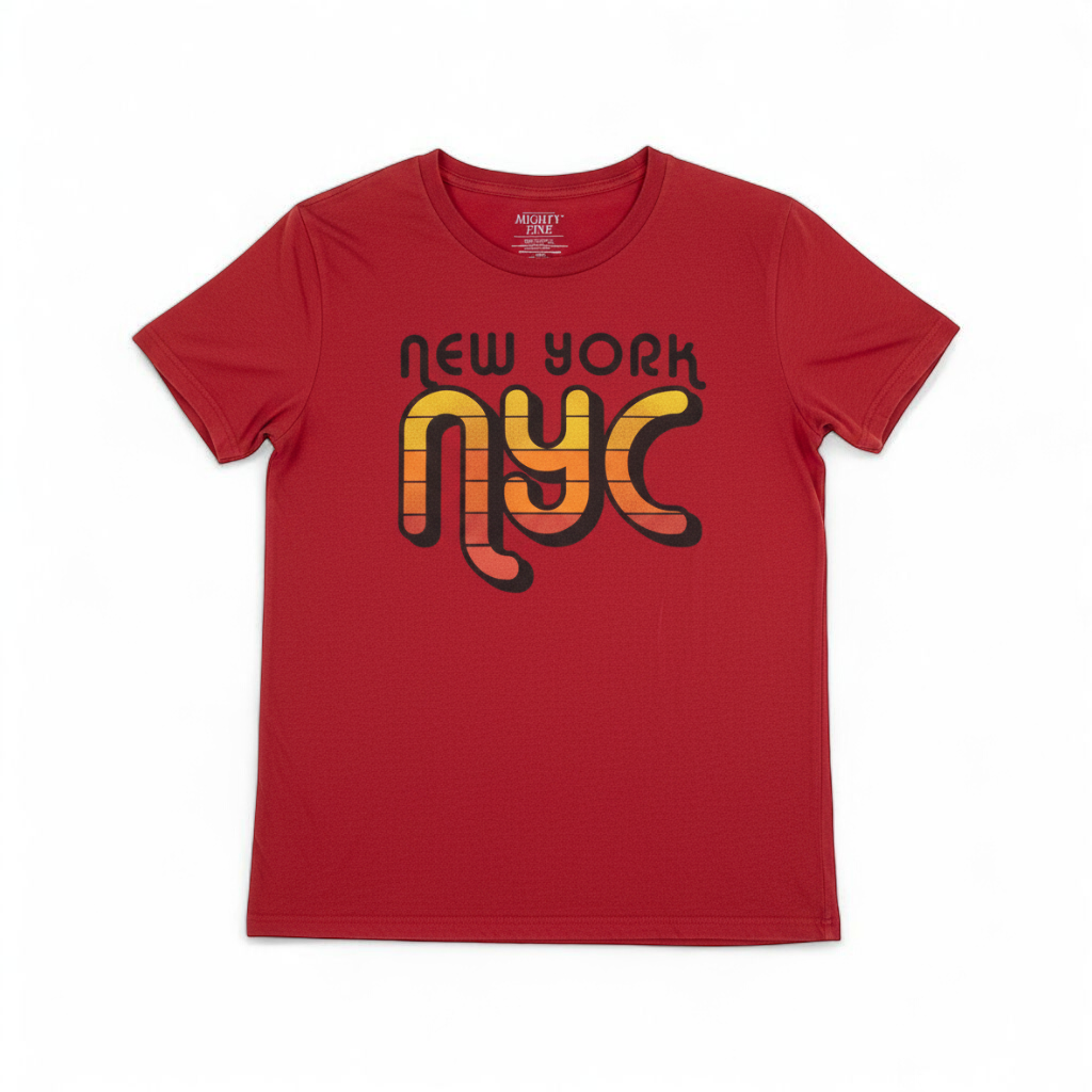 Red Mighty Fine slim fit tee shirt with retro New York NYC graphic front view front on white muslin photography backdrop