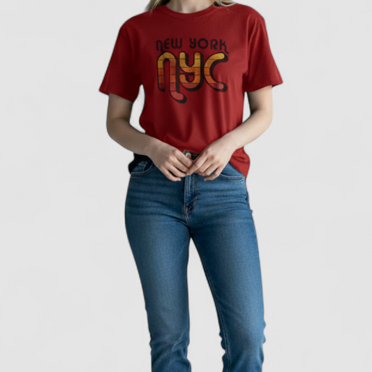 Red Mighty Fine slim fit tee shirt with retro New York NYC graphic front view on model
