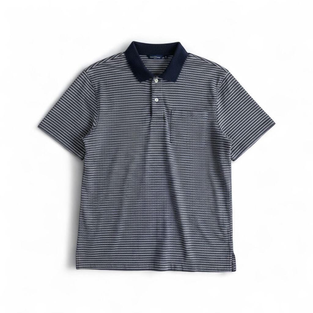 Puritan vintage men's medium blue gray striped polo shirt with collar and button closure hanging on a hanger front and back views front on white muslin photography backdrop