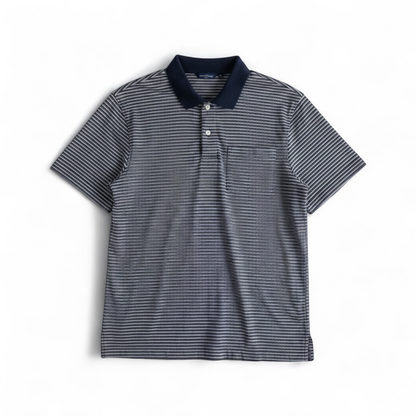 Puritan vintage men's medium blue gray striped polo shirt with collar and button closure hanging on a hanger front and back views front on white muslin photography backdrop