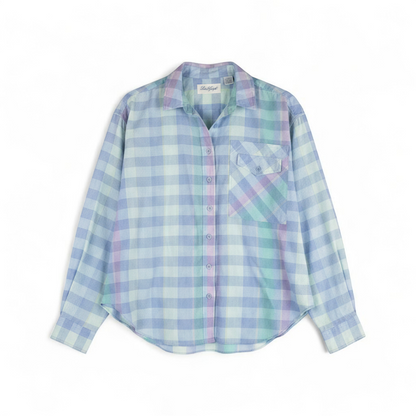 Laura Gayle vintage pastel blue pink plaid shirt with button front, single chest pocket, long sleeves, and collar, shown front and back views front on white muslin photography backdrop