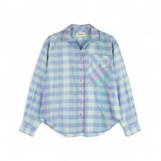 Laura Gayle vintage pastel blue pink plaid shirt with button front, single chest pocket, long sleeves, and collar, shown front and back views front on white muslin photography backdrop