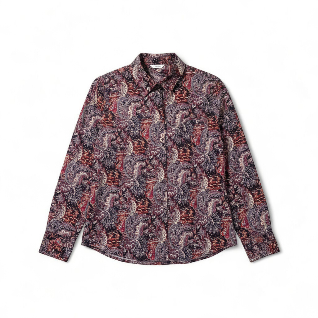 Talbots maximalist Santa Claus paisley print pink and red women's long sleeve button shirt hanging on white hanger front on white muslin photography backdrop