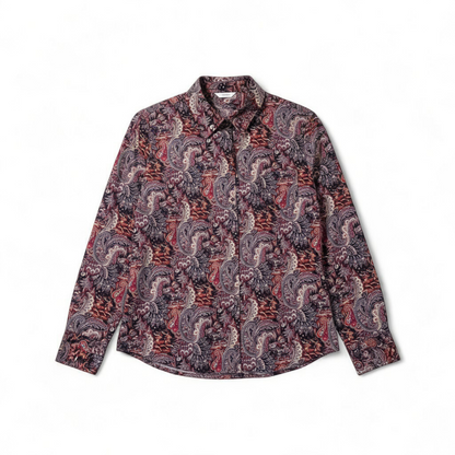 Talbots maximalist Santa Claus paisley print pink and red women's long sleeve button shirt hanging on white hanger front on white muslin photography backdrop
