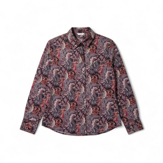 Talbots maximalist Santa Claus paisley print pink and red women's long sleeve button shirt hanging on white hanger front on white muslin photography backdrop