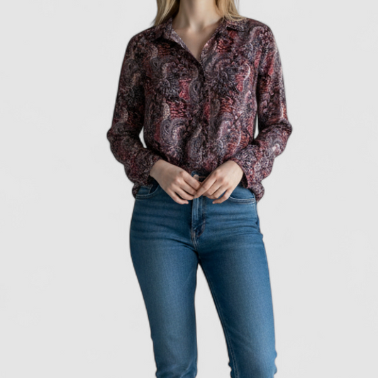 Talbots maximalist Santa Claus paisley print pink and red women's long sleeve button shirt on model