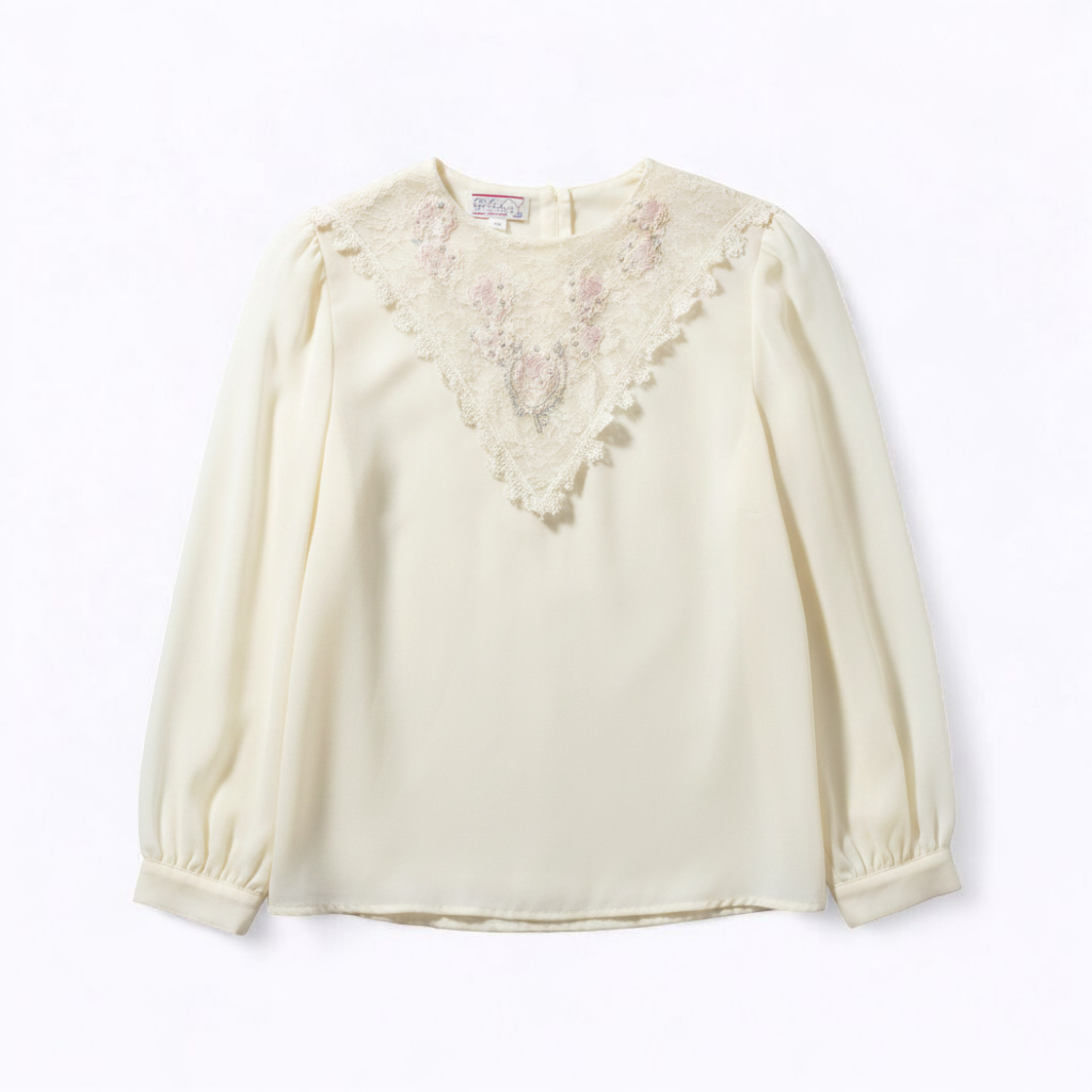 Synergy vintage ivory floral lace sheer blouse with long sleeves and embroidered lace bib front front on white muslin photography backdrop