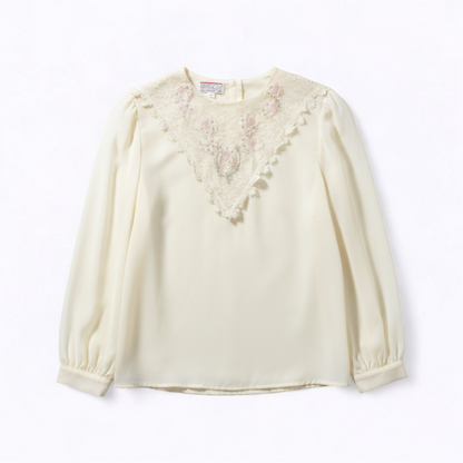 Synergy vintage ivory floral lace sheer blouse with long sleeves and embroidered lace bib front front on white muslin photography backdrop