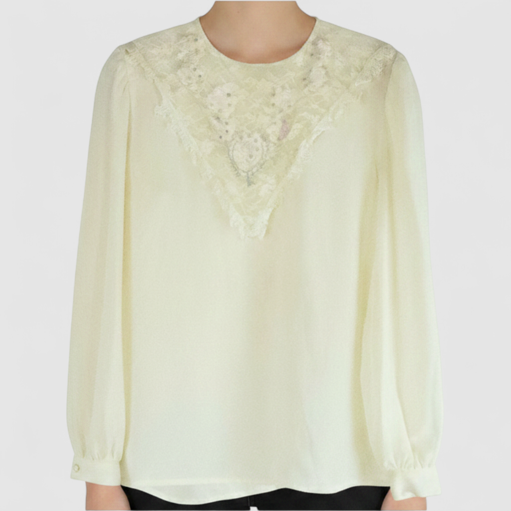 Synergy vintage ivory floral lace sheer blouse with long sleeves and embroidered lace bib front on model
